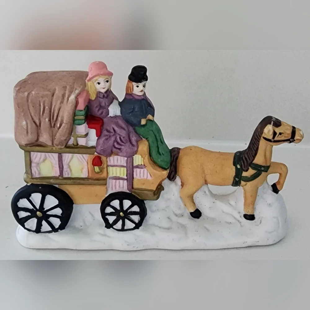 Lemax Hand-painted Porcelain Horse Drawn Cart w/Couple Christmas‎ Village